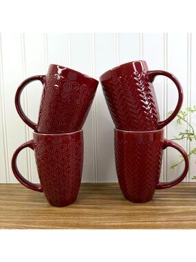 AmorArc Set of 4 Burgundy Red Ceramic Mugs Textured Geometric 20 Oz Coffee Mugs